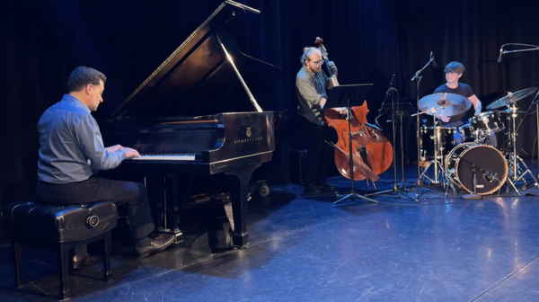 Picture of our Jazz trio New York playing instruments onstage together during private indoor event | Altus Entertainment